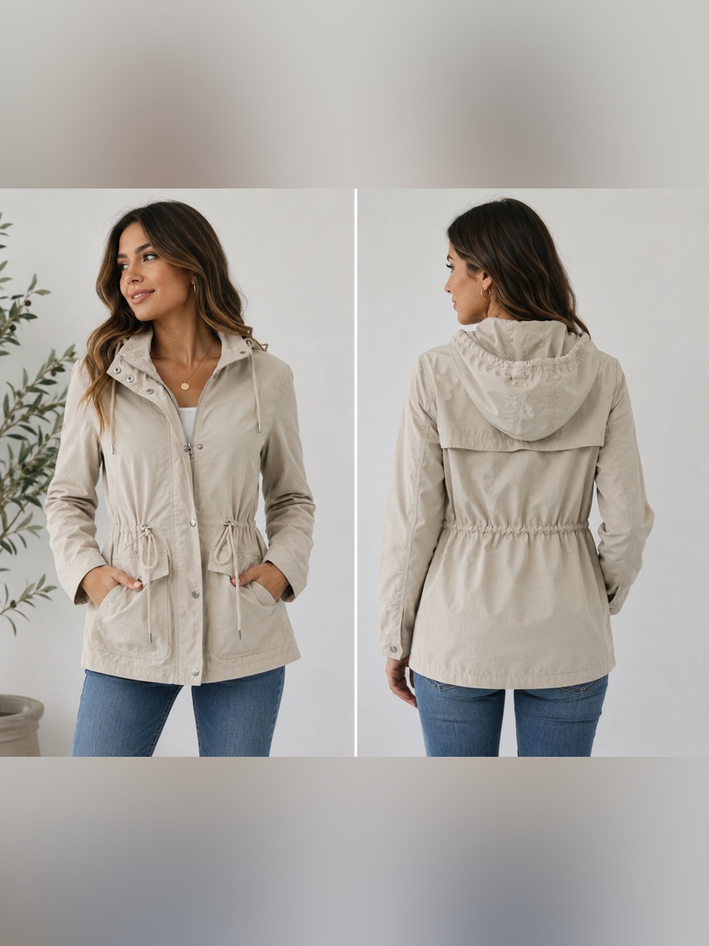 Light Beige Hooded Anorak Jacket for Women